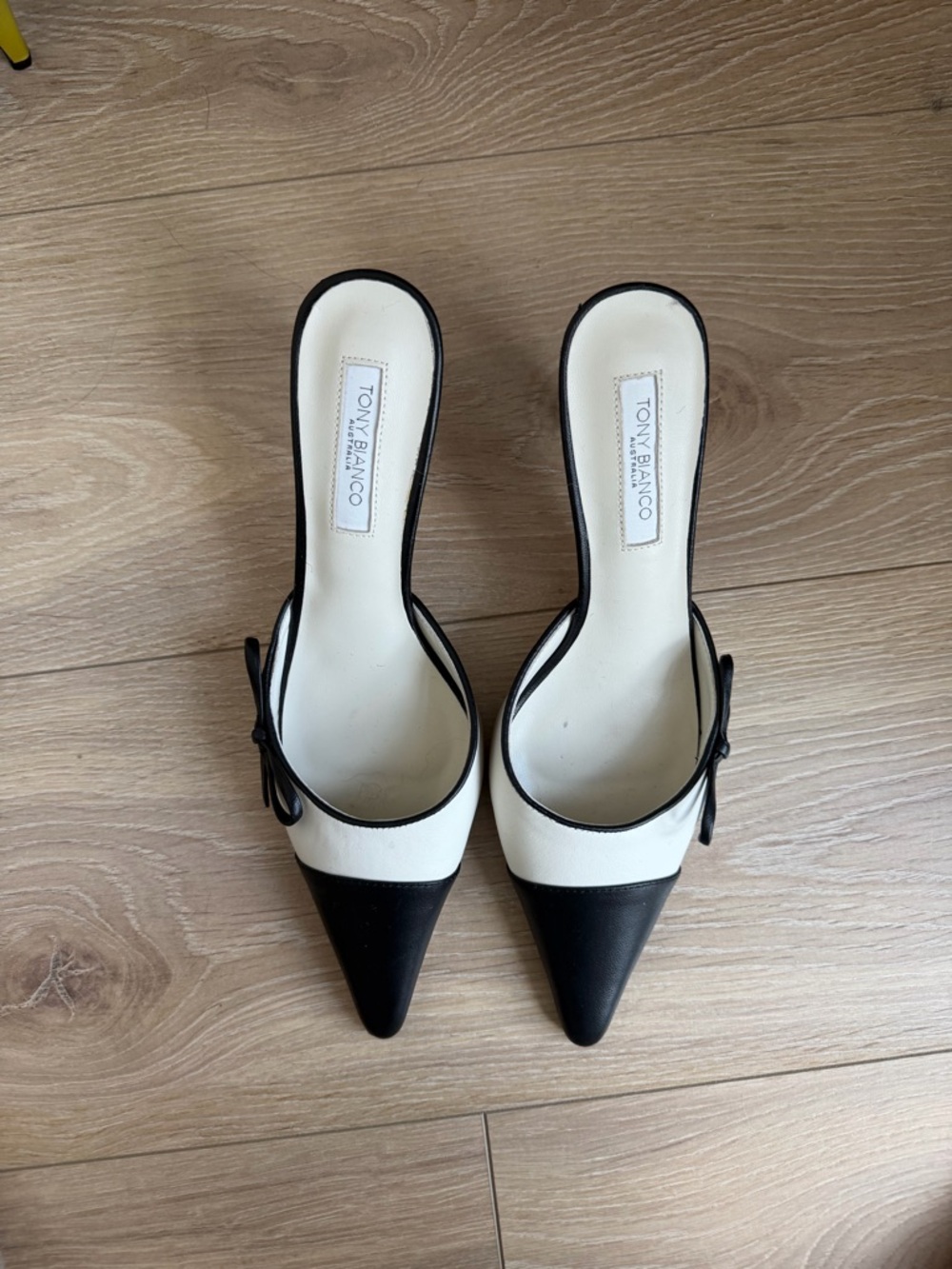 Tony Bianco Black and White Pointed Toe Slip-On Mules